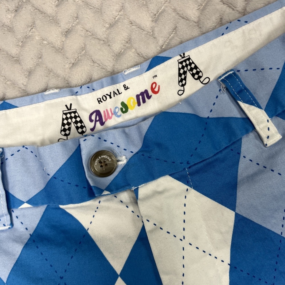 Royal & Awesome Golf Shorts Mens Size 34 Blue Argyle Cotton Stretch Outdoor - Picture 2 of 12